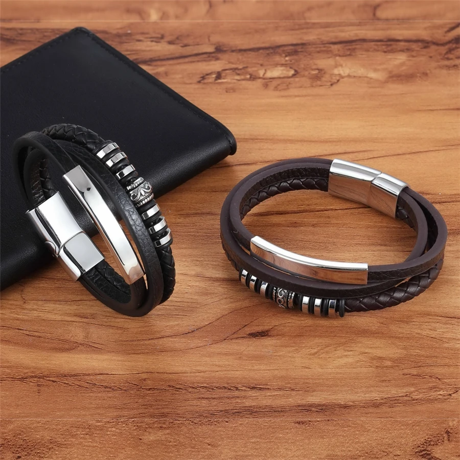 XQNI Geometrically Irregular Graphics Stainless Steel Genuine Leather Bracelet Black/Brown Color Accessories Jewelry For Men