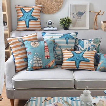 

Soft Velvet /Cotton Linen Cushion Cover Mediterranean style Sea Star Sailor Compass Boat Home Decorative PillowCase 45x45cm