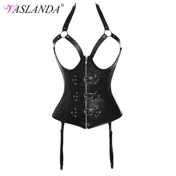 

VASLANDA Sexy Underbust Corset Halterneck Strapless Leather Corselet Rivets Buckles Decorated Zipper Bustier Steampunk Corsets