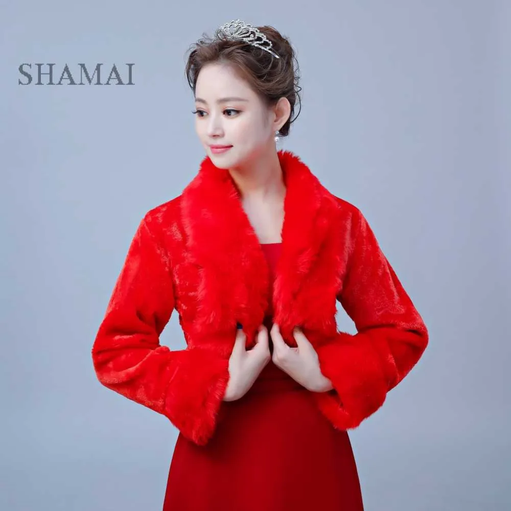 SHAMAI Красный Высокое качество зима искусственный мех Свадебная куртка теплые Болеро роскошные свадебные свадебная накидка Свадебные