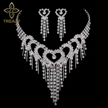 TREAZY Luxury Silver Color Crystal Choker Necklace Earrings Jewelry Set for Women Heart Tassels Bridal Wedding Jewelry Sets