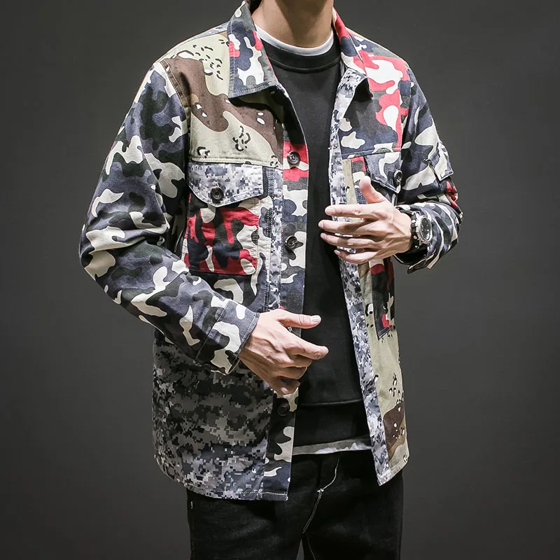 

Camouflage Patchwork Men's Jacket Coat Men Hip Hop Streetwear Fashion Casual Windbreaker Overcoat Big Size 5XL