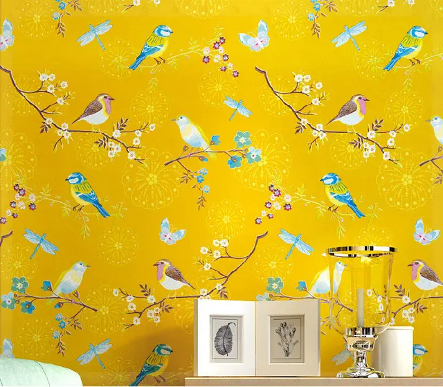 American Country Bright Yellow Bird Bedroom Study The Television American Country Bright Yellow Bird Bedroom Study The Television Background Wall Pure Paper Wallpaper Cold Water
