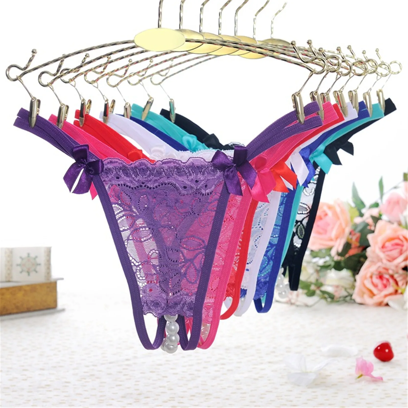 

Hot Sexy Trendy Hallow Out Lace Panties Comfortable Beading Knickers Bow Thongs G-string Women Briefs Lingerie
