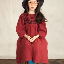 girl embroidered flowers retro dress autumn red loose cotton linen lantern sleeve dresses 4-9Yrs kids dress children clothing frill trim embroidered lantern sleeve dress