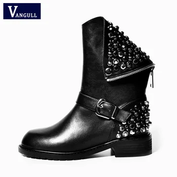 

Genuine Leather Boots Rivet Square Heels Autumn Winter Ankle Boots Sexy fashion Martin Fur Snow Boots Shoes Woman big Size 34-43