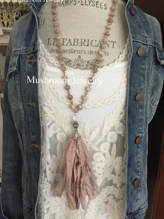 

boho sunstone beads sari silk tassel boho tassel necklace