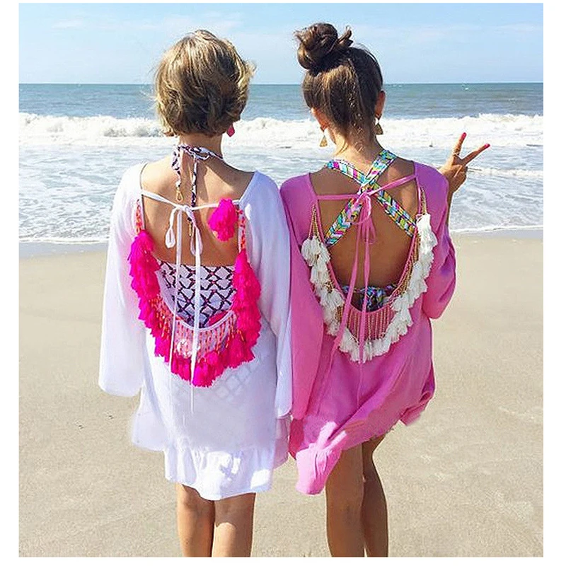 Новые модные женские с длинным рукавом летнее платье кисточкой Винтаж Boho Sexy