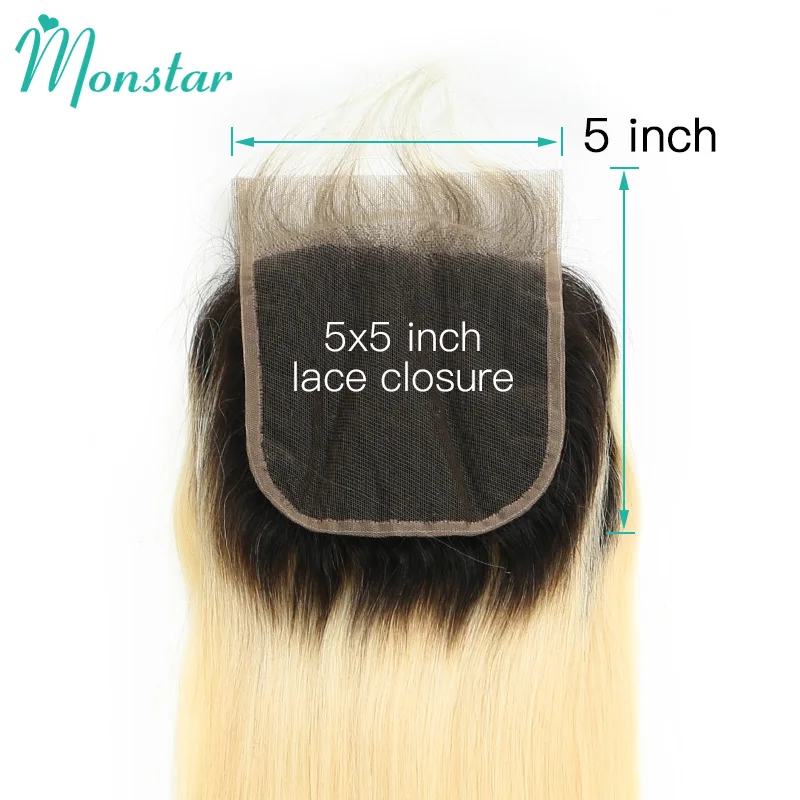 

Monstar 1B 613 Honey Blonde Ombre Peruvian Remy Straight Human Hair Free Middle Part 8 - 22 Inch 5x5 Lace Closure with Baby Hair