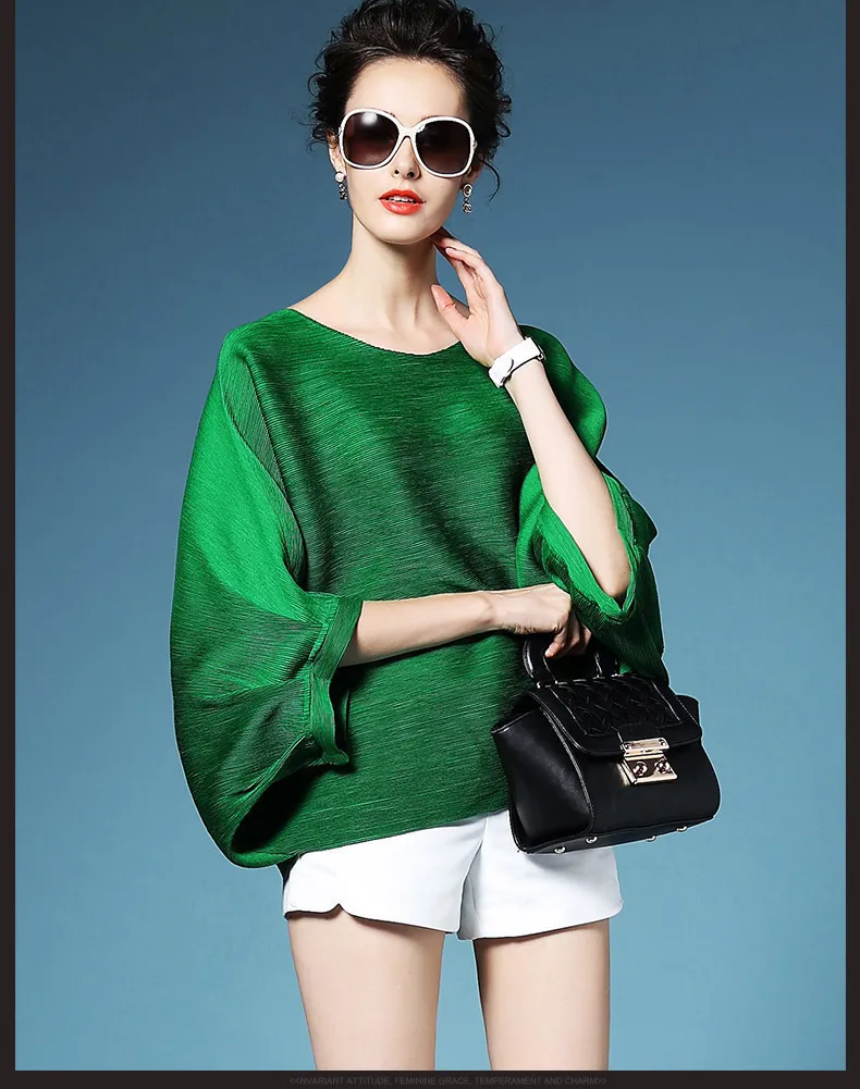 

2019 female new summer short style high quality pleated batwing sleeve top loose pleated t-shirt