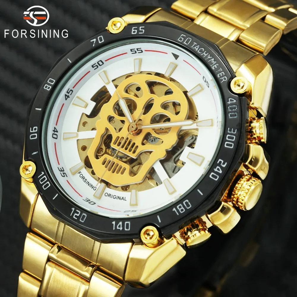 

2018 Top Brand Luxury Skull Watch Men FORSINING Golden Automatic Mechanical Wristwatch Stainless Steel Halloween Skeleton Clock