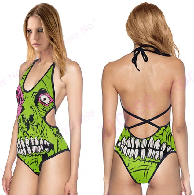 Green Zombie Swimsuit Halter Bandage One piece Swimwear Plants Vs Zombies Swimming Suit for