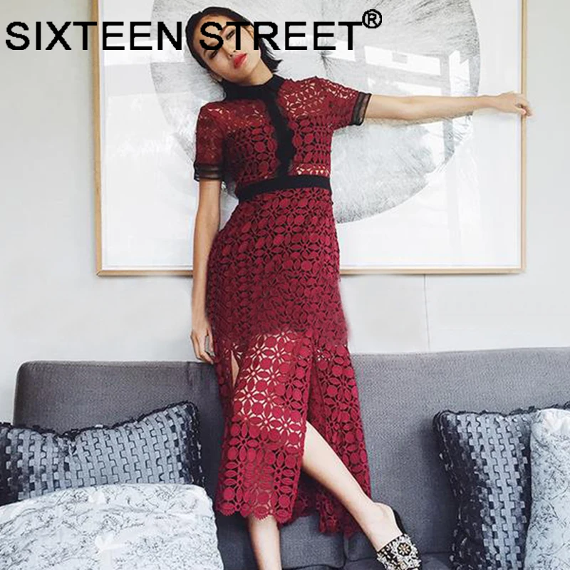 

Thailand fashion purple lace dress woman burgundy short sleeve turn-down collar hollow out lace sexy vestidos New summer bodycon