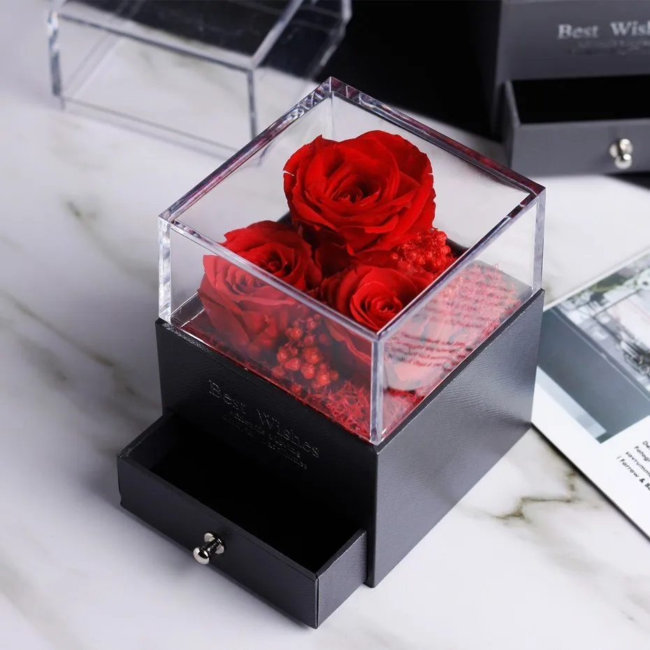 Подарки на день рождения, подарок на день Святого Валентина, женская коробка для украшений с розами для свадьбы, сушеные цветы, настоящие цветы, Вечные розы в коробке