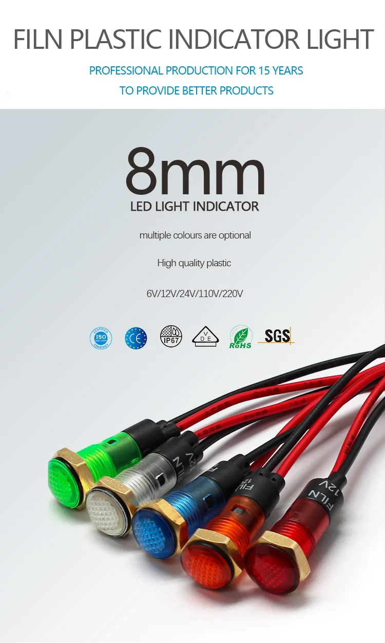 PL8B-120 Alpinetech 8mm 120V AC/DC LED Metal Indicator Pilot Light Lamp Wire 