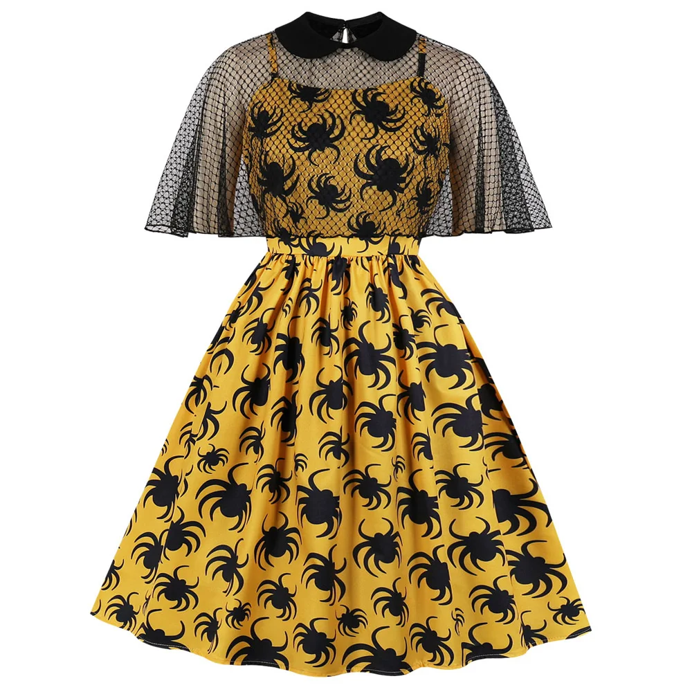 

Joineles Spider Print Summer Women Retro Dress 2 Pieces Set Mesh Lace Smock Tops High Waist Vintage Dress 60s Party Vestidos New
