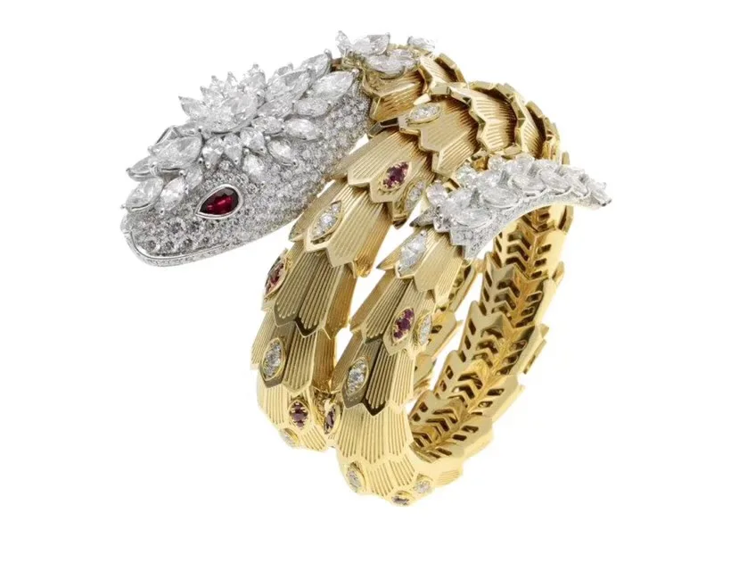 

Famous brand jewelry exaggerate design cubic zirconia snake bangle with red eyes gold three layer stretch animal head bracelet