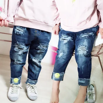 

Children Broken Hole Pants Spring Kids Trousers Jeans for Girls Casual Pants Children Tracksuits Smile Face Printed Sport Jeans