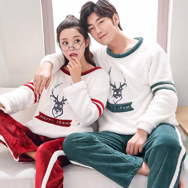 

Winter Couples Pyjamas Sets Thick Warm Coral Velvet Suit Flannel Long Sleeve Plus Size M XXXL Male Cartoon Sleepwear