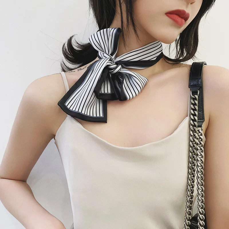 2019 Women Fashion Ribbon Silk Scarf Beautiful striped Girls Neckerchief Hair Band Bag Handle Wraps Small Neck Scarves
