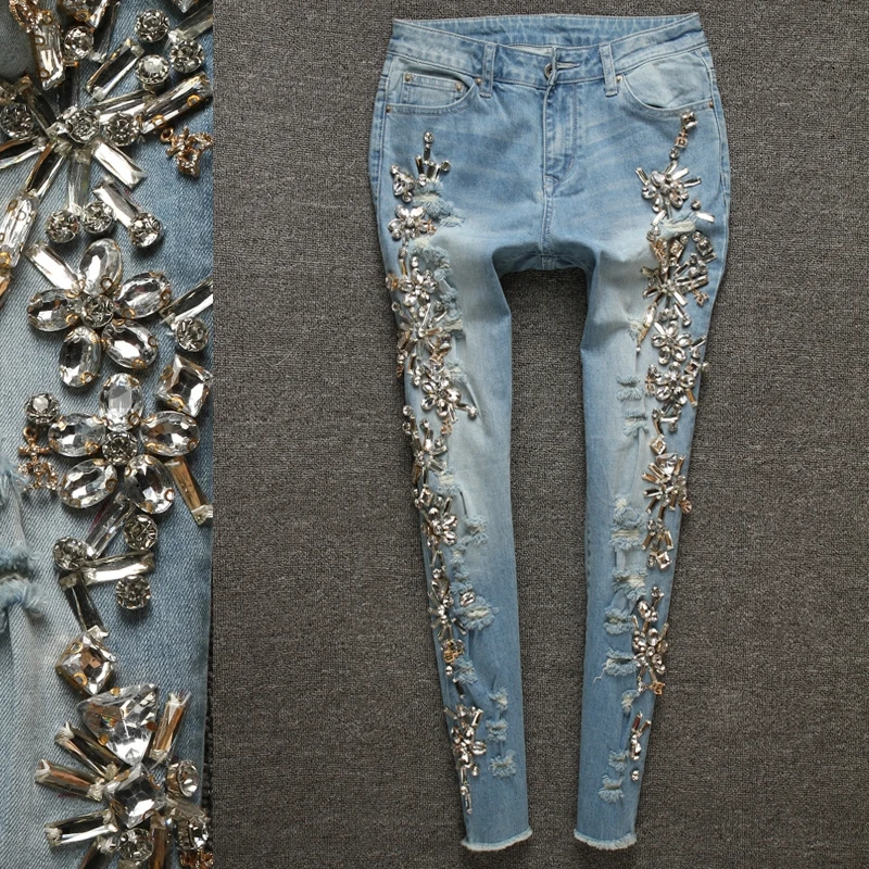 Большие размеры 25-32! 2018 Осенняя мода Diamond джинсы Beadeding Для женщин отверстие синий карандаш джинсовые Винтаж узкие джинсы