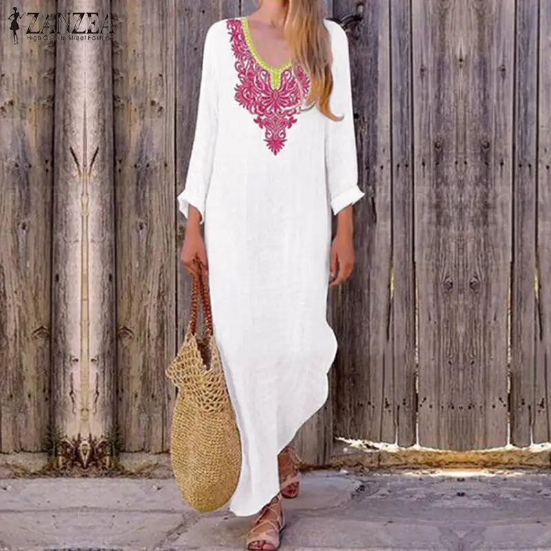 

ZANZEA Dress for Women Long Maxi Vestidos 2019 Summer Ladies Vintage Print Sundress Kaftan Robe Femme Beach Dress Plus Size 5XL
