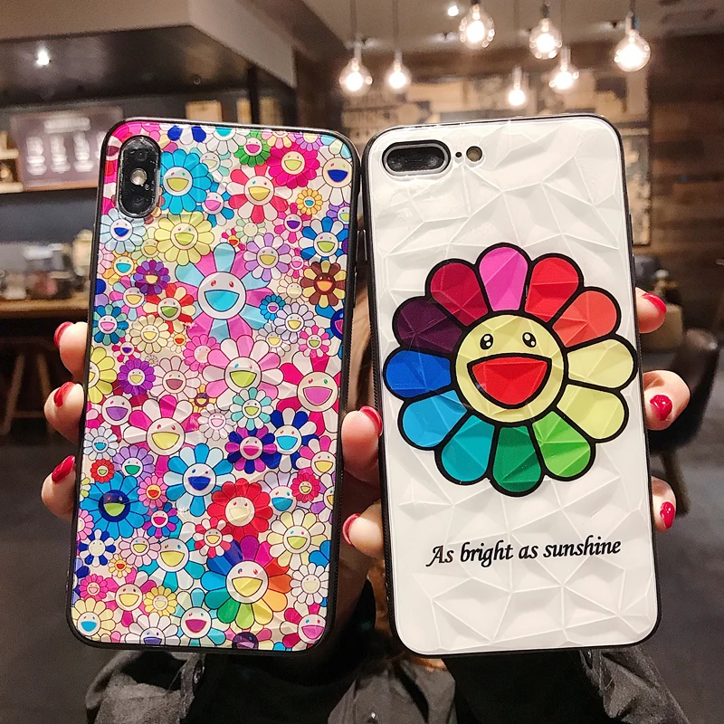 

Smile Rainbow Flower Case For iphone XS XSmax Case For iphone XR X 7 6S 6 8 Plus 10 Sunflower Cover Geometric Rhombus Phone Case
