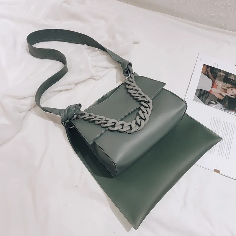Простые одноцветные сумки с цепочкой на одно плечо с диагональным ремешком, дизайнерские сумки от известного бренда, женские сумки - Цвет: Зеленый