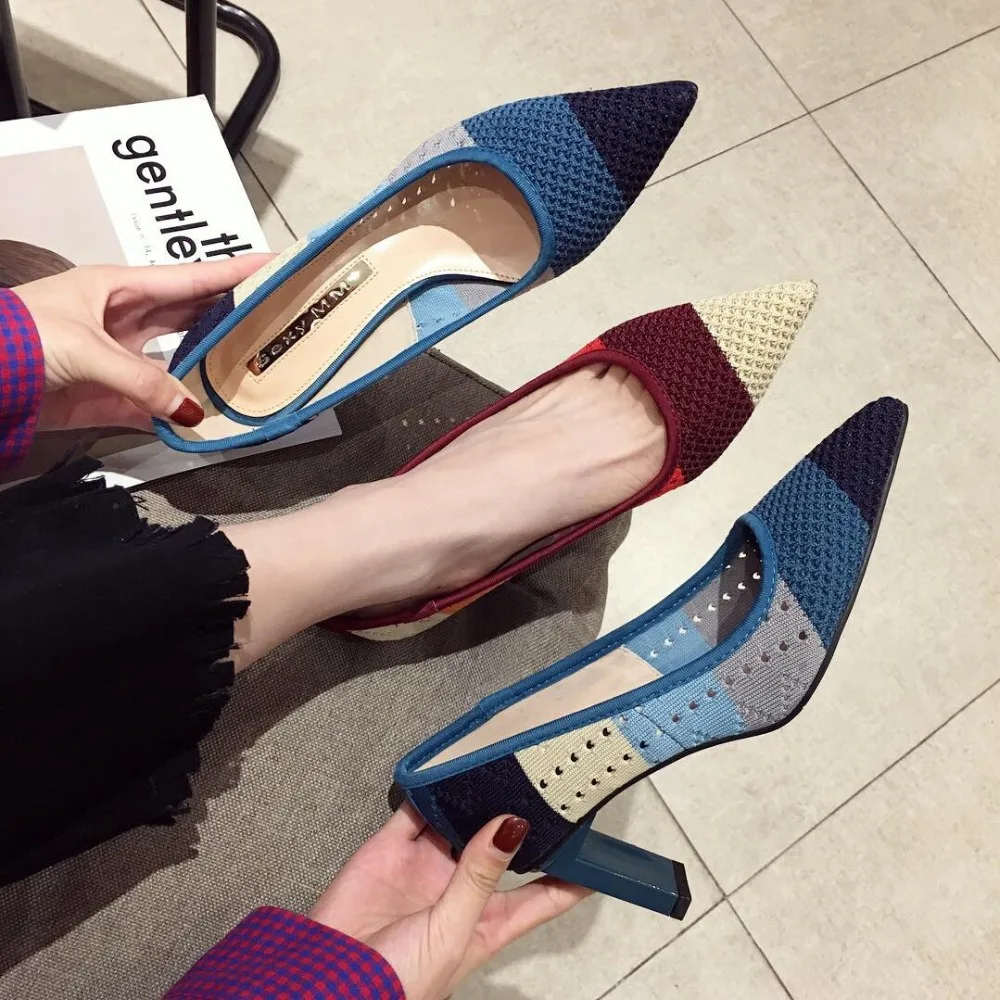 

Hot Novelty 3d wool knit mixed color stilettos ladies pointed high heels pumps slip-on shoes spring breathable loafers woman2019
