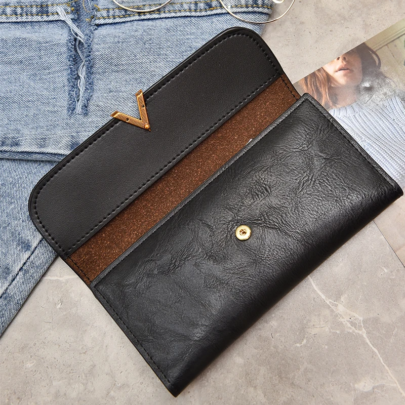 KMFFLY Vintage Women Wallets And Purses Long Leather Hasp Ladies Wallet With V Letter Credit Card Holder Zipper Clutch For Girls