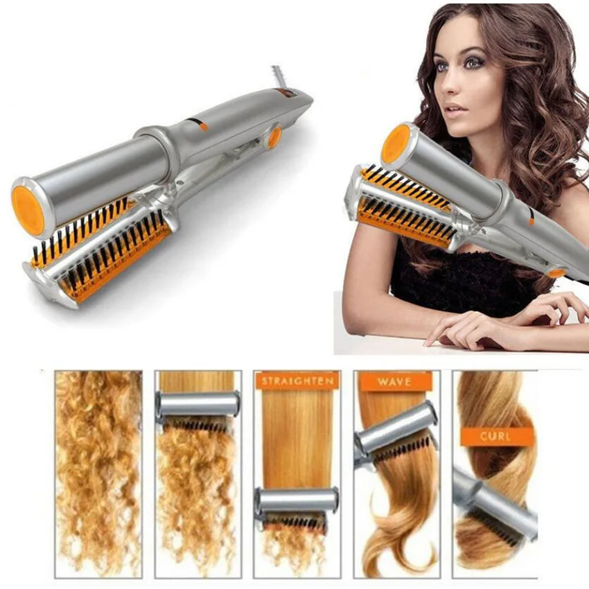 

Pro Ionic Brush and Ceramic Flat Iron Tool 2 in1 Silver Rotating Iron & Hair Curler 110V-240V Global voltage US/UK/EU/AU