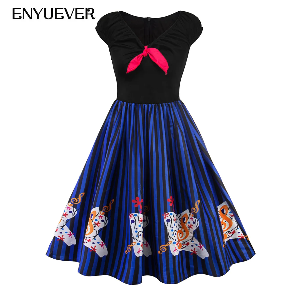 

Enyuever Rockabilly Dress Summer Women 2019 Patchwork Striped Swing Midi Vestidos Casual Robe Ete 50s 60s Vintage Dress Party
