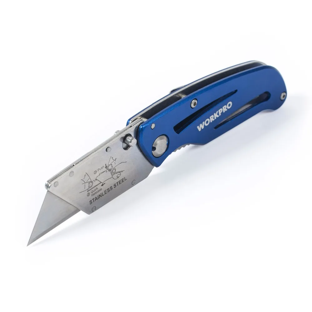 

WORKPRO Blue Folding Knife Aluminum Handle Utility Knife Pocket Cutter Tool