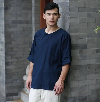 

Summer retro slanting lapel high quality pure linen breathable men's casual shirt men's shirts loose men shirt