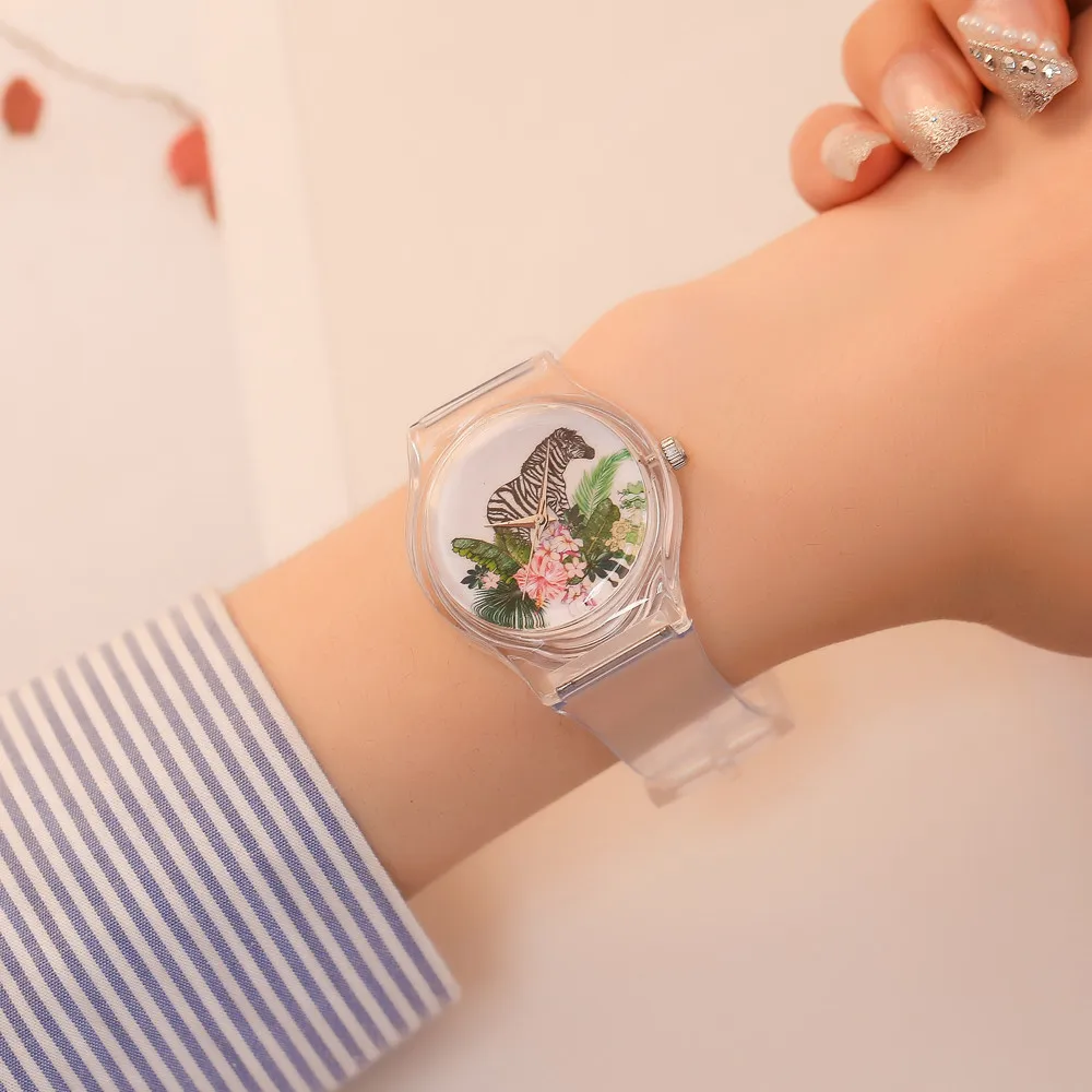 

New Trend Transparent Watch Women Student Fashion Personality Horse Pattern Dial nalog Quartz Round Wrist Watch Clock Relogio#W