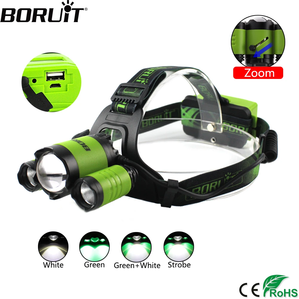 

BORUiT B22 XM-L2 LED Headlamp XPE Green Hunting Lantern 4-Mode Zoomable Headlight USB Charger Head torch Power Bank Flashlight