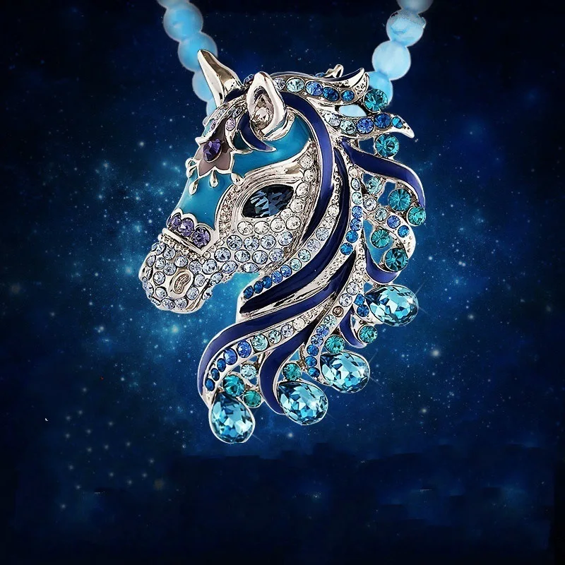 

Women Fashion Unicorn Retro Long Pendant Necklace Horsehead Cute Blue Gifts Exquisite Cystals Blue Sea Horse Necklace female2018