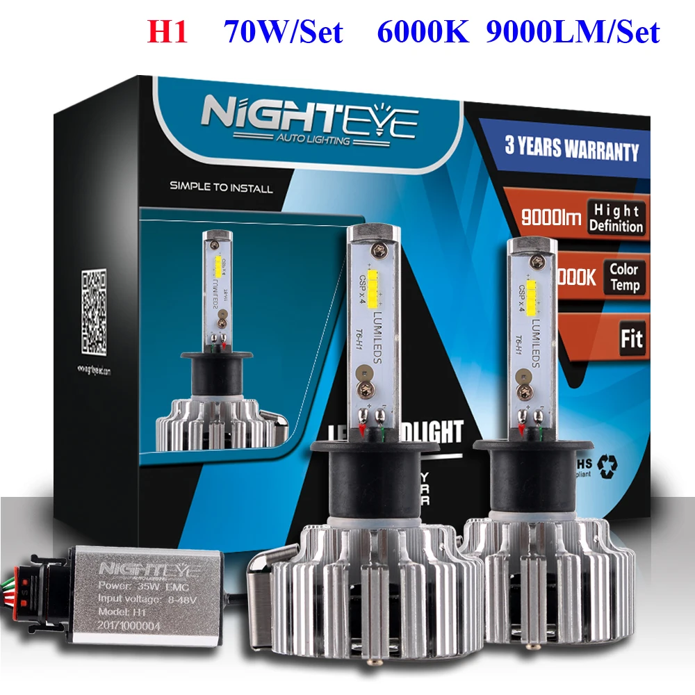 NIGHTEYE 2pcs H1 LED Headlight Kits Car Bulbs 70W/pair 6000K Driving