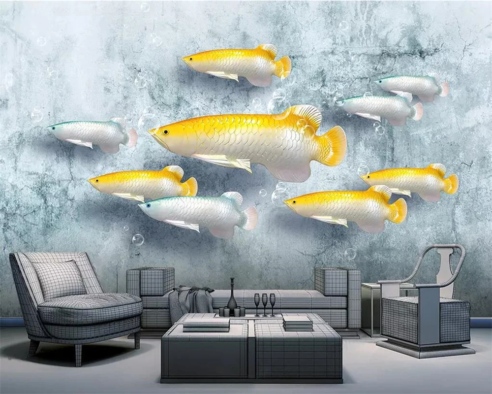 Обои beibehang на заказ Новые китайские 3D трехмерные тисненые рыбы девять рыб фото