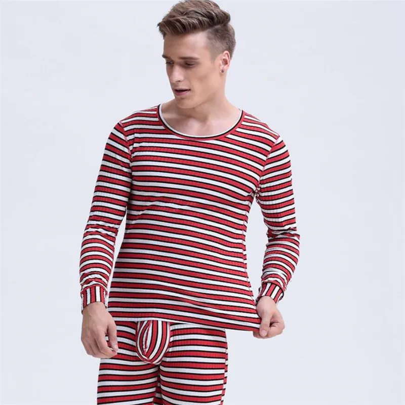 

2018 Thermal Underwear men long Johns Autumn Winter Stripe Thin Cotton Tops+pants set Warm Thick Plus velvet M425 M- XXL