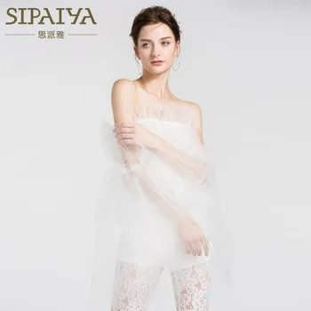 

SIPAIYA 2018 Summer Sexy Clothing Mesh Shirt For Women Slash Neck Off Shoulder Strapless Flare Sleeve Ruched Short Blouse