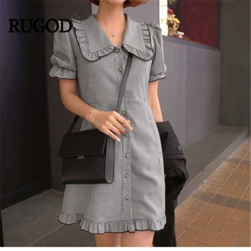 

RUGOD Peter pan collar women dress puff sleeves single-breasted mini loose elegant official summer dress modis femme vestido