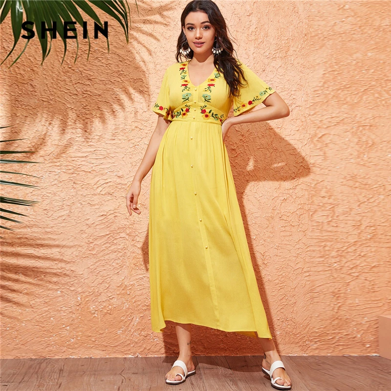 

SHEIN Embroidery Floral Print High Waist Tea Dress Yellow Button Front Deep V Neck Short Flounce Sleeve Boho A Line Women Dress