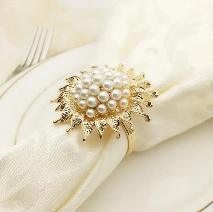 12 шт сплава из жемчуга Подсолнух Салфетка кольцо Свадебные отельные принадлежности - Цвет: Imitation gold