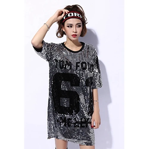 Sequin T Shirt casual Loose Sequins Shiny Fashion Women Sequin Clothes Hip Hop Club Party friends Long T Shirt Dress Half Sleeve - Цвет: Серебристый