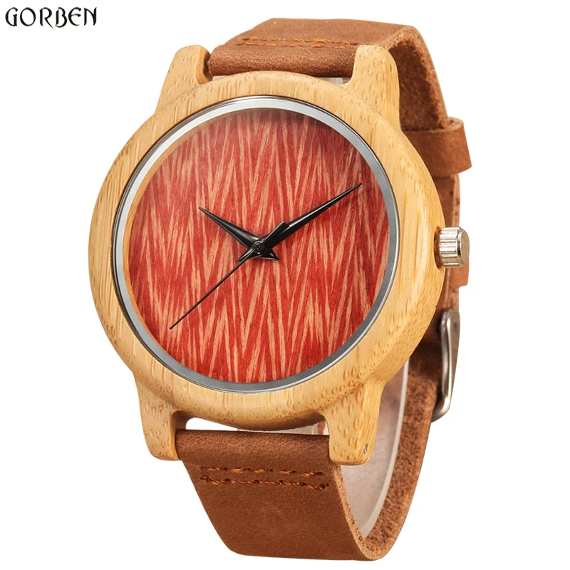 

Vintage Unique Natural Bamboo Quartz Watches For Male Retro Wooden Red Texture Dial Brown Cow Leather Band Mens Wrist Watches