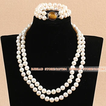 

Gorgeous Women Double Layers 9-10mm Natural White Pearl Jewelry Set With Round Tiger Eye Stone Clasp (Necklace & Bracelet)