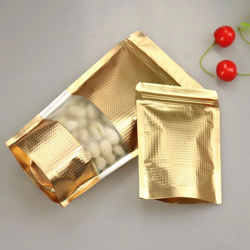 100Pcs Stand up Copper Gold Aluminum Foil Zip Lock Bag with Window, Metallic Plastic Packaging Pouch for Food Tea Candy Cookie