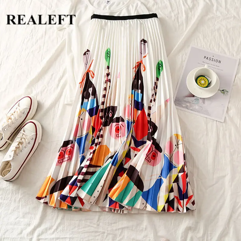 

REALEFT New Arrival Summer Women Cartoon Printed Elegant Pleated Long Skirts High Waist Harajuku Tulle A-Line Mid-Calf Skirts