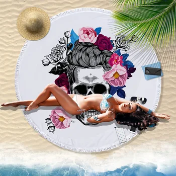 

Women Large Bath Towel for Beach Thick Round 3d Sugar Skull Printed Beach Towel Fabric Quick Compressed Towel Tapestry Yoga Mat